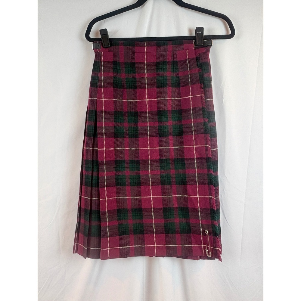 Pitlochry of Scotland Tartan Plaid Wool Kilt Skirt Women‎ Size 10 Burgundy Green